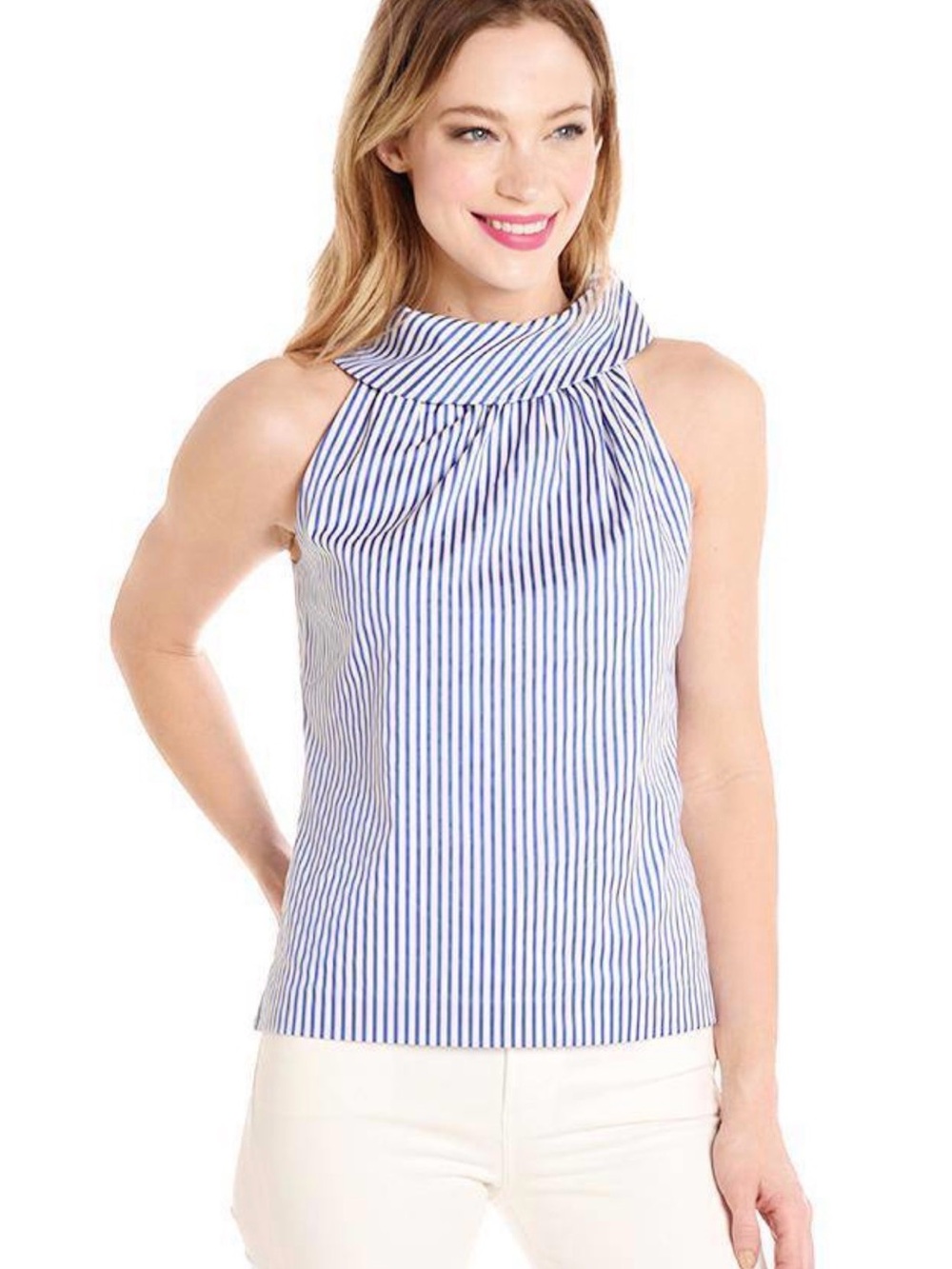 Sail to Sable Striped Blue and White Halter-Neck - gold buttons down back